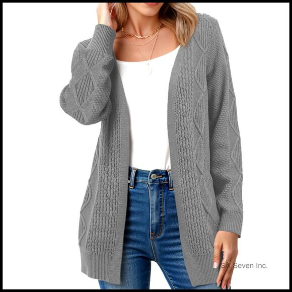 Sweaters - Cable Knit Chunky Cardigan V Neck Open Front Sweater Coat with Pockets